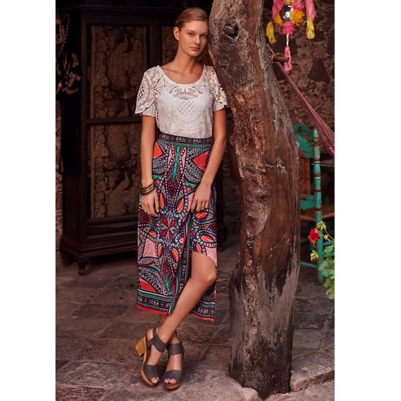 Anthropologie Maeve Silk Geoda Maxi Midi Skirt Wrap Tribal Print Size 12 - Picture 1 of 9